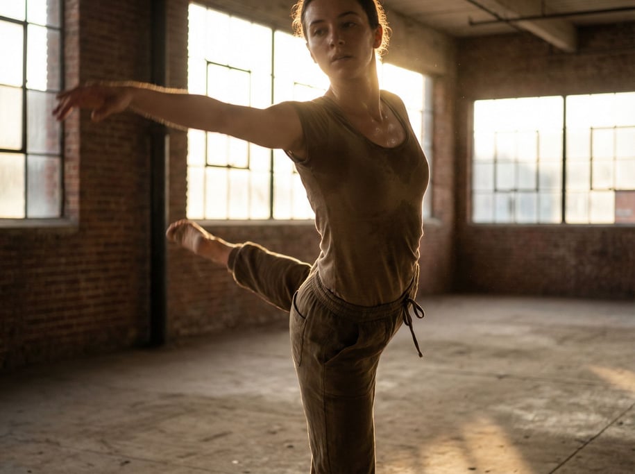 A dancer mid-movement in a raw industrial space, slight motion blur on extremities, core sharp (veawfak)