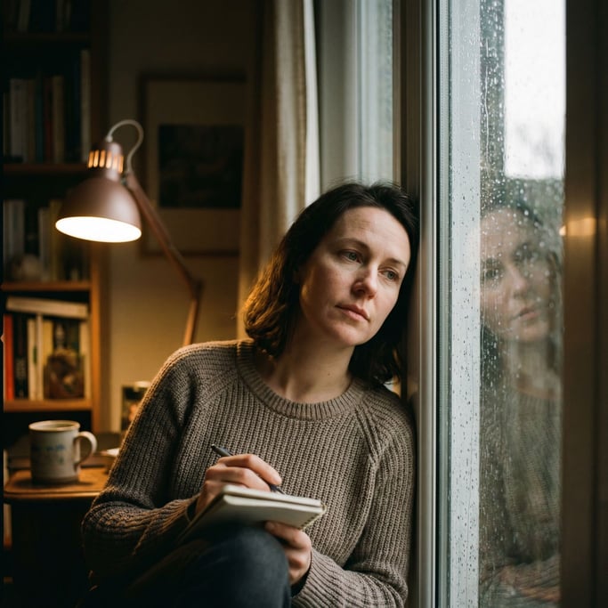 A woman in her 30s deep in thought at a window, face half-lit, rain streaking the glass beside her (8ifyuwii)