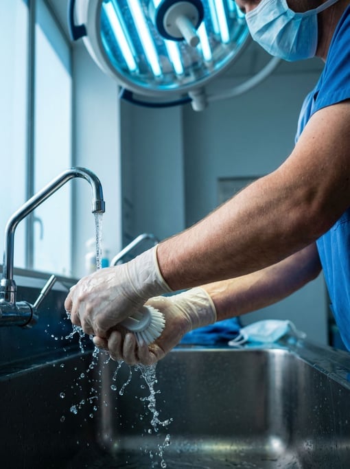 A surgeon scrubbing in, close-up on hands under water, sterile blue-tinted light (s2qtvwo)