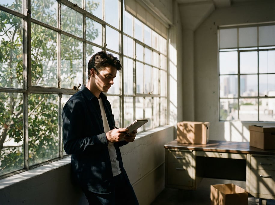 A young founder alone in an empty office space, wide shot, standing at a window looking out (9uux5xwf)