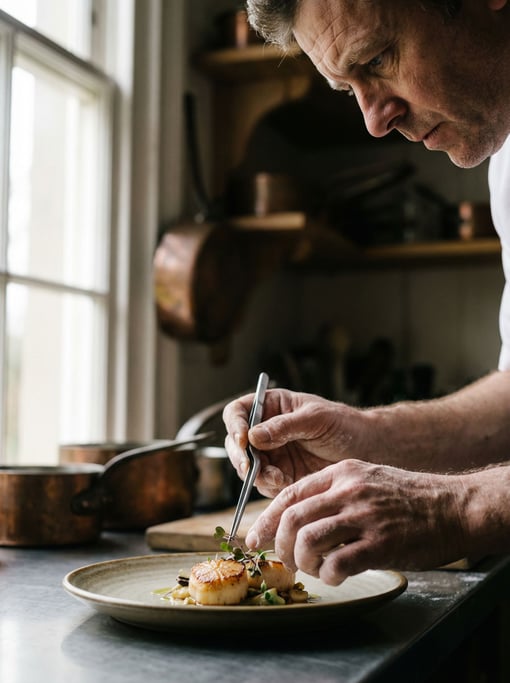 A chef's hands plating a dish with intense focus, shallow depth of field on the fingertips and food (6esqf9iu)
