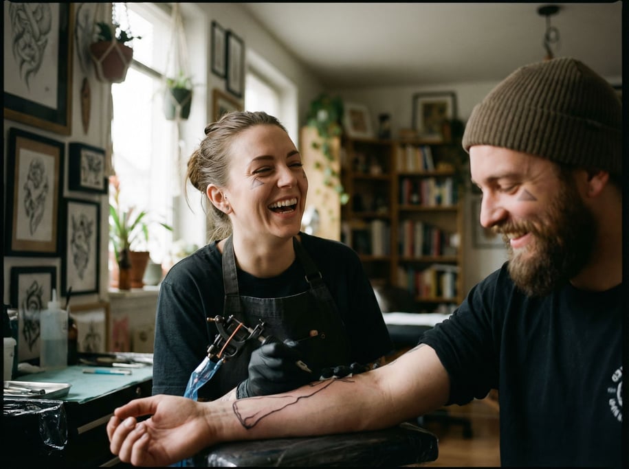 A tattoo artist at work, needle to skin, both faces in concentration (pscuolsb)