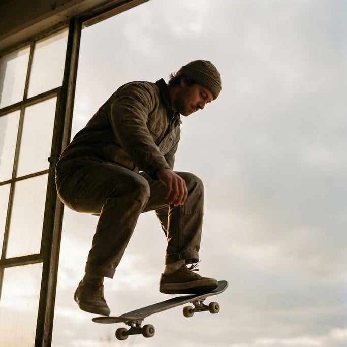A skateboarder mid-trick, frozen in air, low-angle shot against an open sky (ypxlwatc)