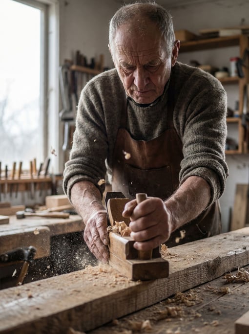 An elderly craftsman's weathered hands shaping wood with a hand plane, sawdust in the air (cv0wjgwv)