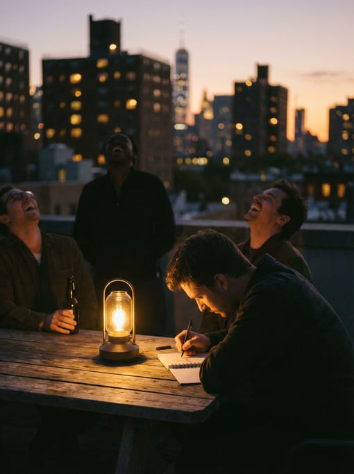 A group of friends on a rooftop at dusk, silhouetted against the skyline, laughing (oosp0jd)