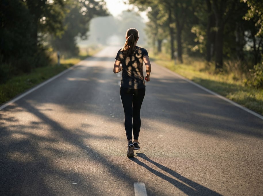 A woman running on an empty road at dawn, shot from behind, long shadows stretching forward (vaoi)