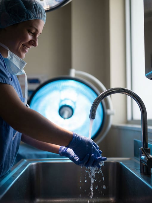 A surgeon scrubbing in, close-up on hands under water, sterile blue-tinted light (oaxhlfti)