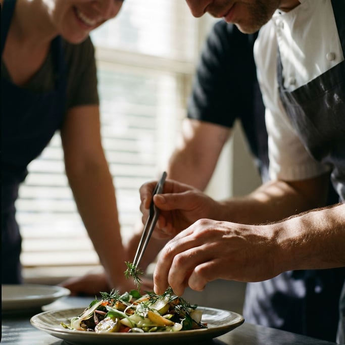 A chef's hands plating a dish with intense focus, shallow depth of field on the fingertips and food (vtjpodtj)