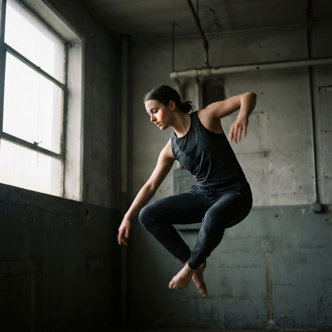 A dancer mid-movement in a raw industrial space, slight motion blur on extremities, core sharp (5adwbup2)