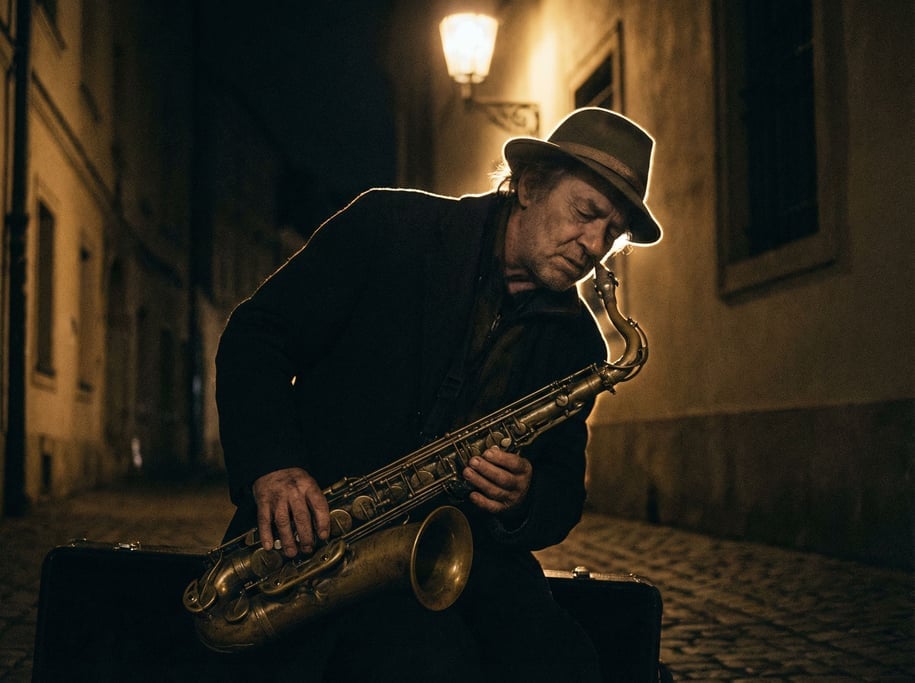 A street musician playing saxophone under a pool of streetlight, everything else in shadow (m4zm0ycy)