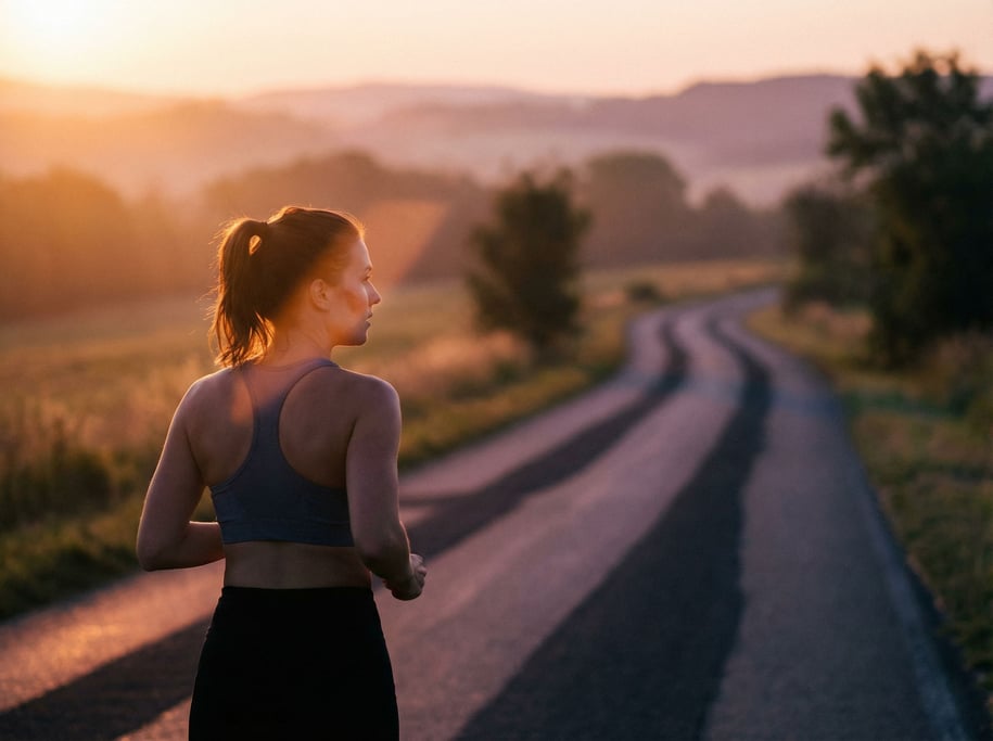 A woman running on an empty road at dawn, shot from behind, long shadows stretching forward (ifxyoami)