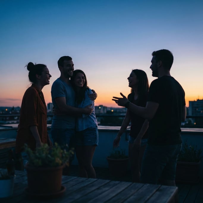 A group of friends on a rooftop at dusk, silhouetted against the skyline, laughing (zbtmhbr)