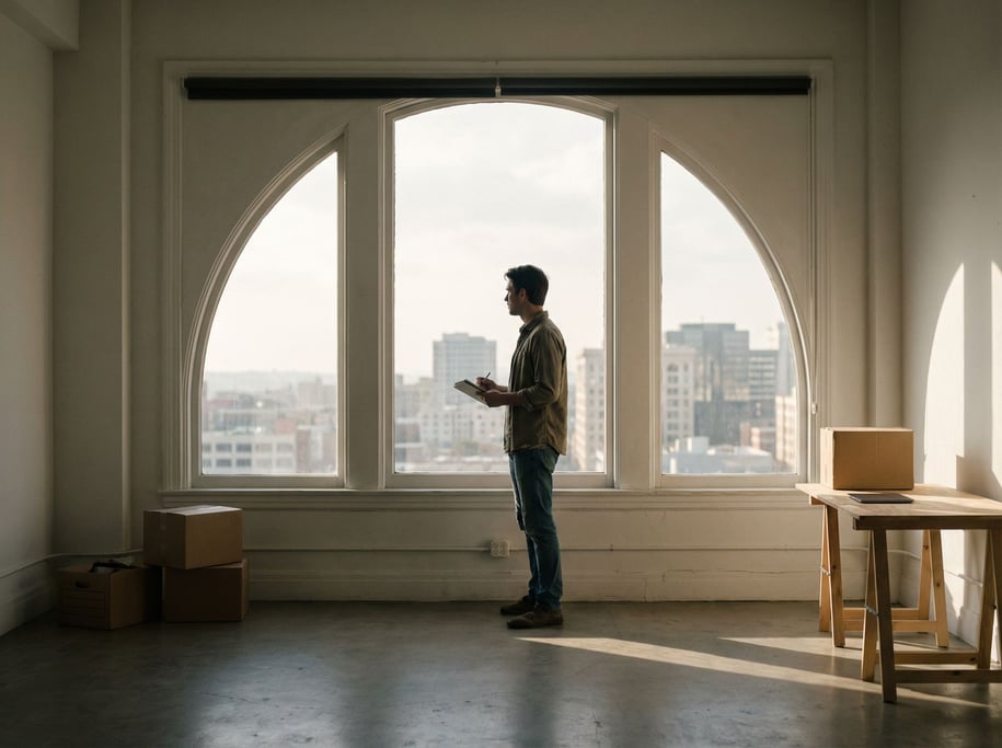 A young founder alone in an empty office space, wide shot, standing at a window looking out (ya55a6n)