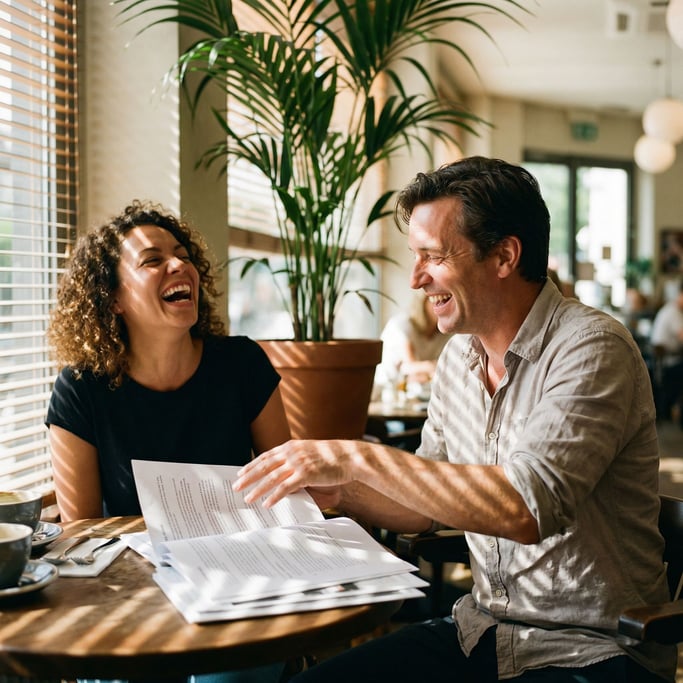 Two colleagues in animated conversation across a table, hands gesturing, papers between them (g6icahmi)