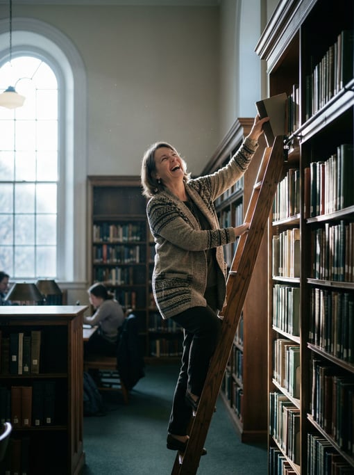 A librarian shelving books on a rolling ladder, reaching high