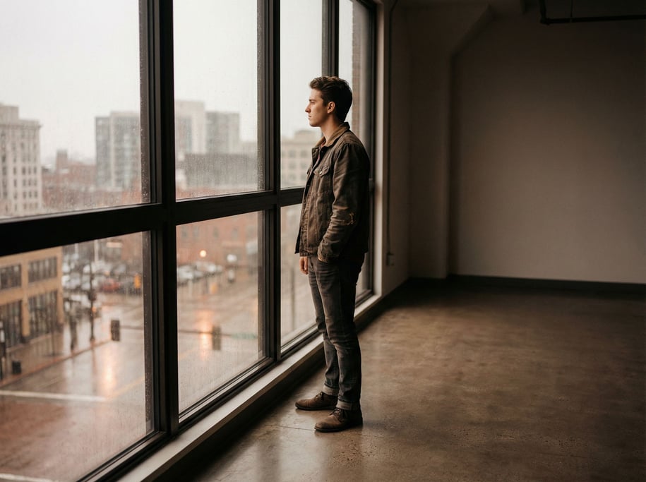 A young founder alone in an empty office space, wide shot, standing at a window looking out (usfhmnhe)
