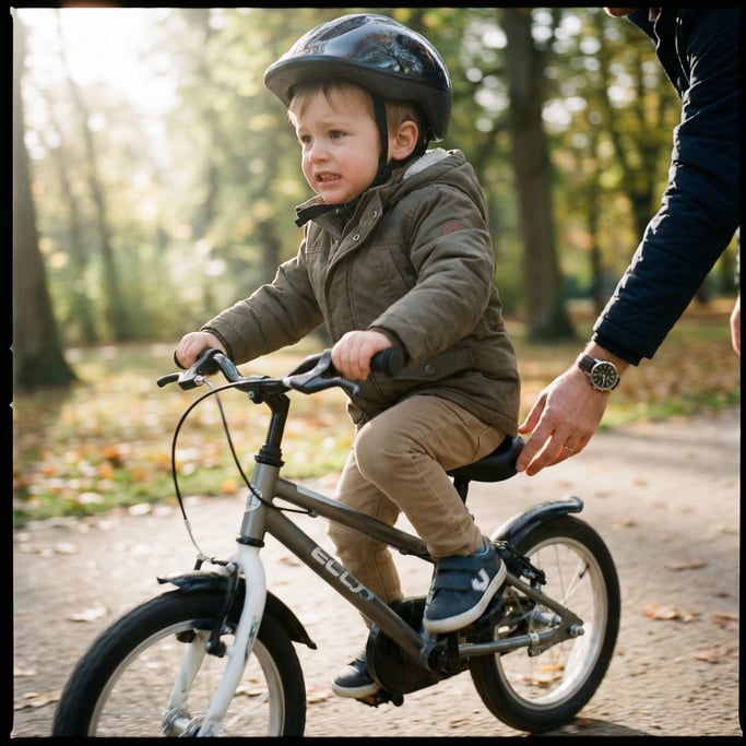 A child learning to ride a bike, parent's hand just letting go, park setting