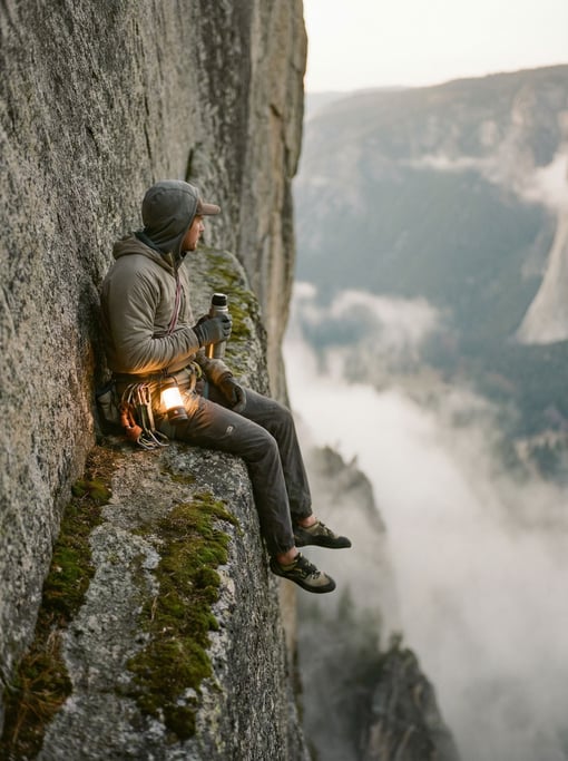 A rock climber resting on a narrow ledge, legs dangling, vast cliff face below, morning mist