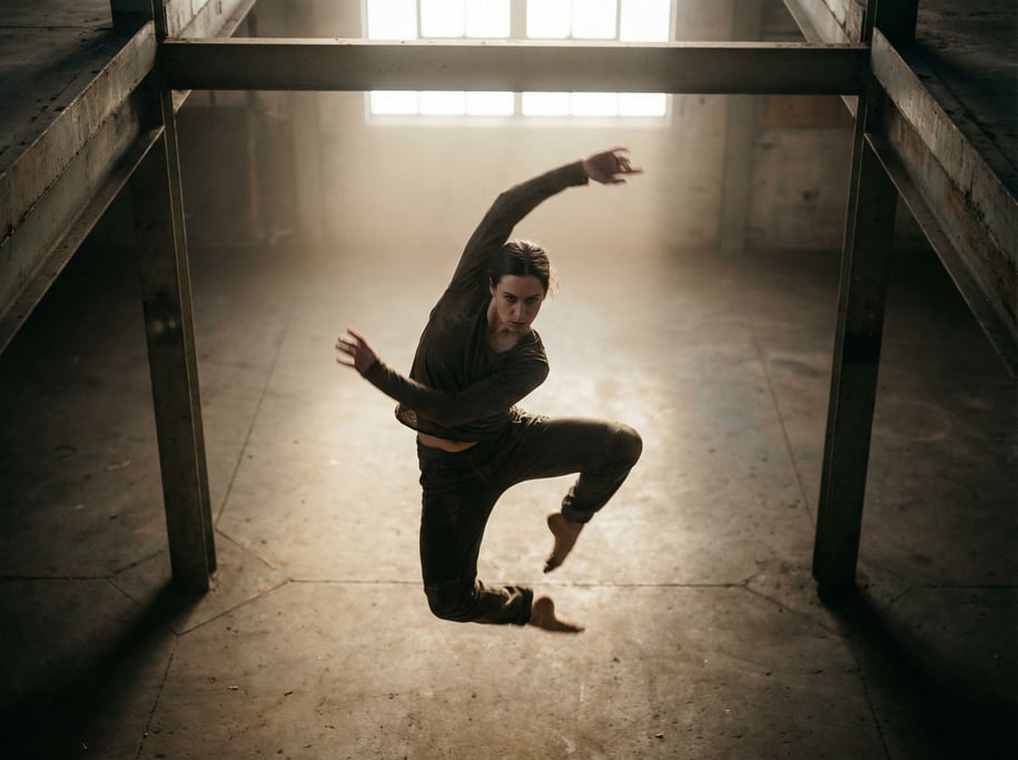 A dancer mid-movement in a raw industrial space, slight motion blur on extremities, core sharp (vasxea3)