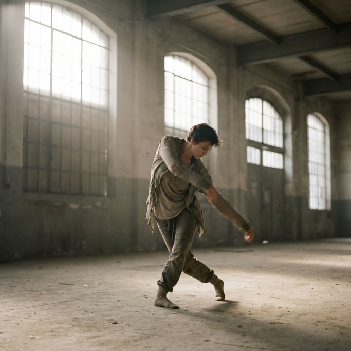 A dancer mid-movement in a raw industrial space, slight motion blur on extremities, core sharp (t)