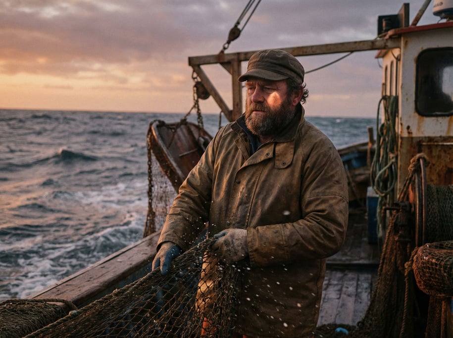 A deep-sea fisherman hauling nets at dawn, salt spray and orange sky, weathered face and hands