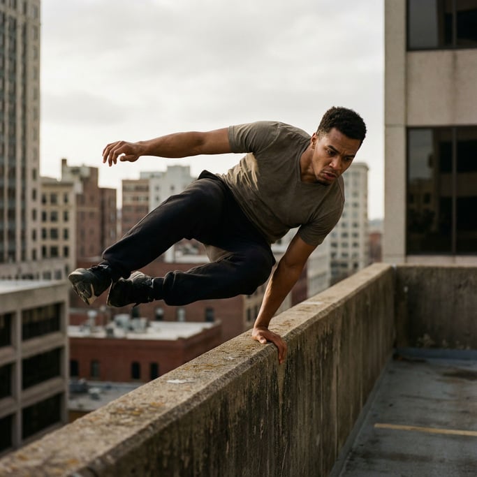 A parkour athlete mid-vault over a concrete barrier, urban skyline, frozen in perfect form