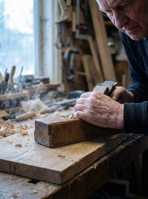 An elderly craftsman's weathered hands shaping wood with a hand plane, sawdust in the air (pwfsh4cy)