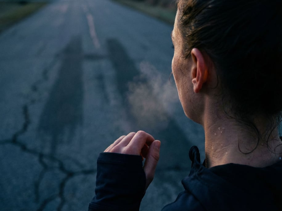 A woman running on an empty road at dawn, shot from behind, long shadows stretching forward (oxekmtgi)