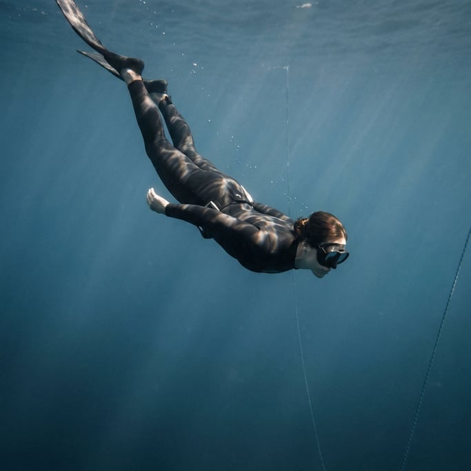 A free diver descending into blue water, body streamlined, light rays from the surface above