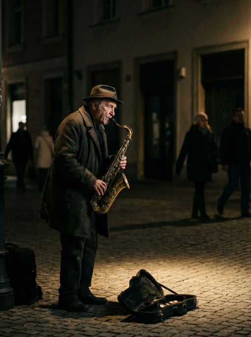 A street musician playing saxophone under a pool of streetlight, everything else in shadow (jwxokz1e)