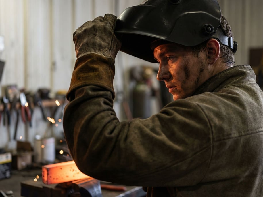 A welder lifting their mask, face sweaty and lit by the cooling orange glow of fresh metal (oolzslz)