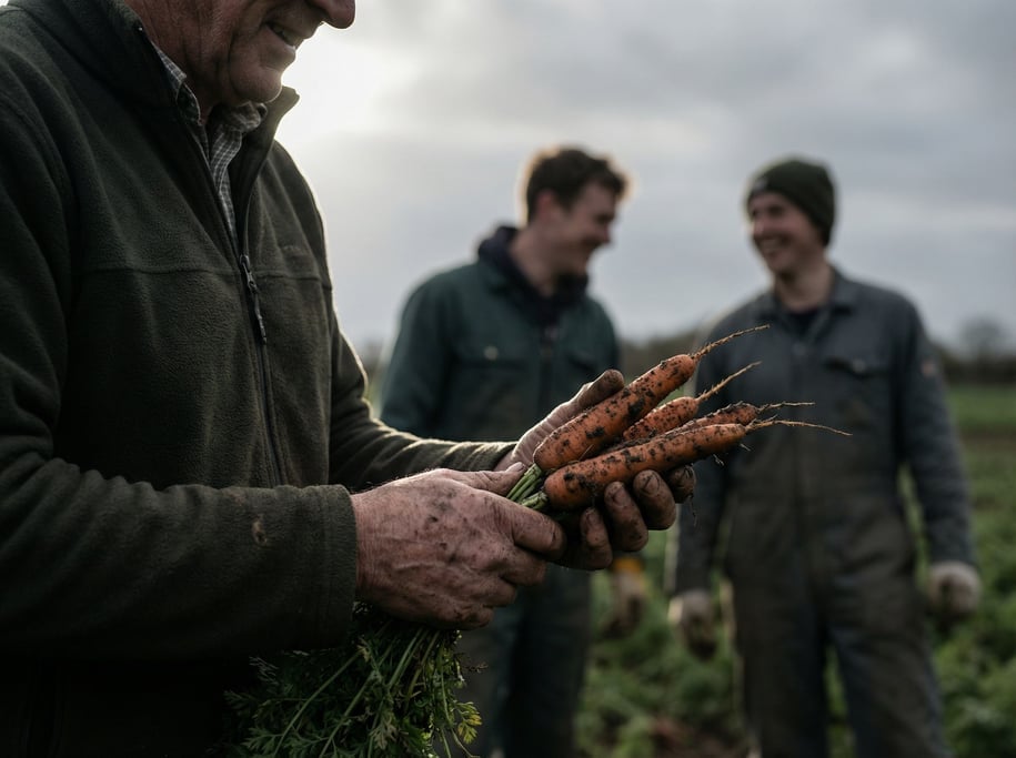 A farmer's dirt-caked hands holding freshly pulled carrots, earthy tones, overcast field behind (lnmmxjt2)