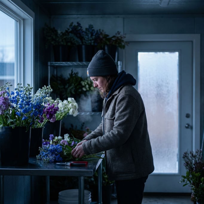 A florist arranging stems by color in a cool walk-in cooler, breath visible, cold blue light (penvhedj)