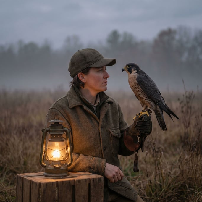 A falconer with a hawk perched on a leather glove, eye contact between human and bird, misty field (yw0xayok)