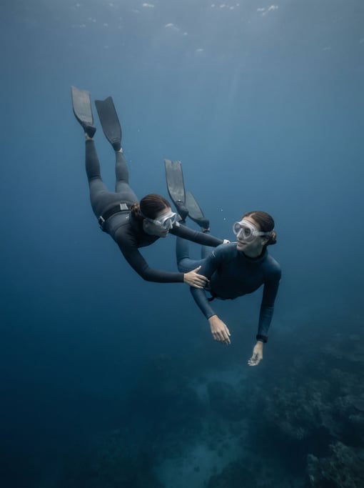 A free diver descending into blue water, body streamlined, light rays from the surface above (ty3llgjl)