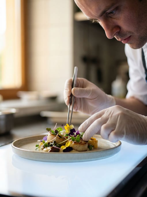 A chef's hands plating a dish with intense focus, shallow depth of field on the fingertips and food (zs1pbt5)