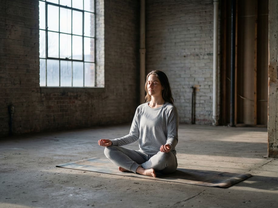 A woman meditating alone in an empty loft, cross-legged on bare concrete, single window light (dnygp)
