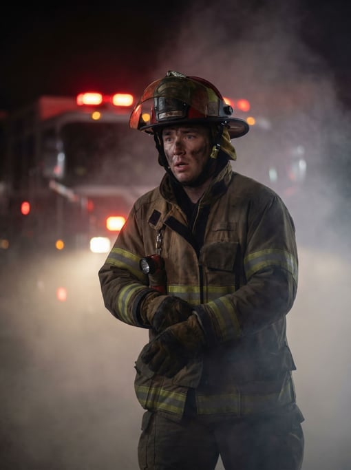 A firefighter emerging from smoke, helmet visor up, soot on face, red truck lights behind (cizzixz3)