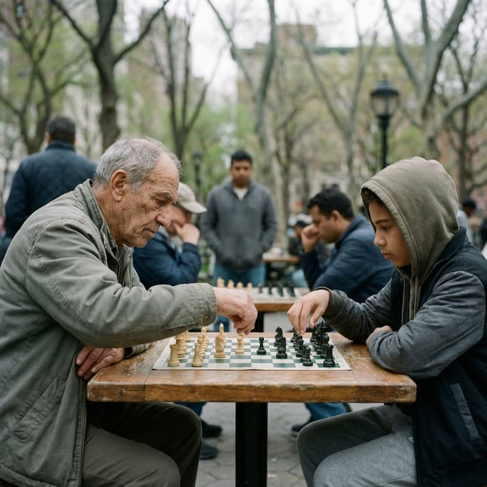 Two chess players in a park, elder vs youth, hands hovering over pieces, onlookers blurred behind (f)