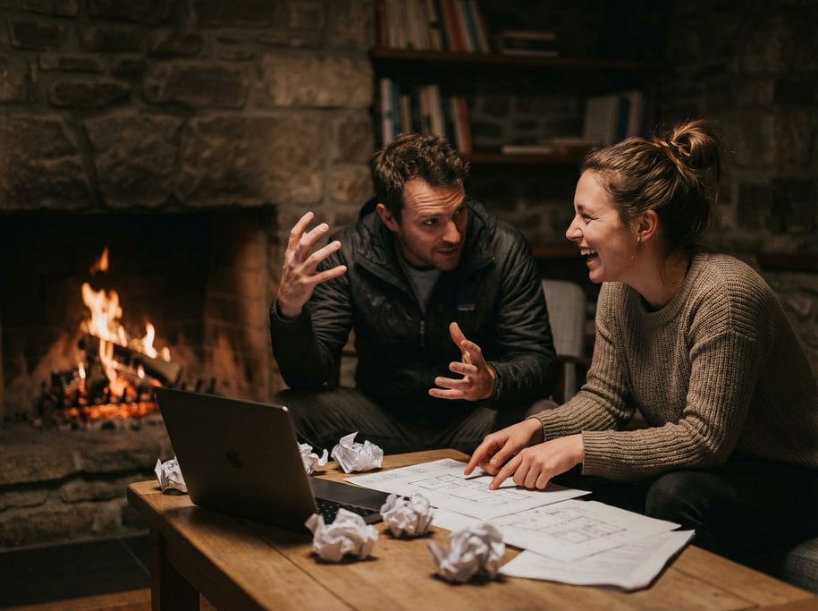 Two colleagues in animated conversation across a table, hands gesturing, papers between them (mihvwer)