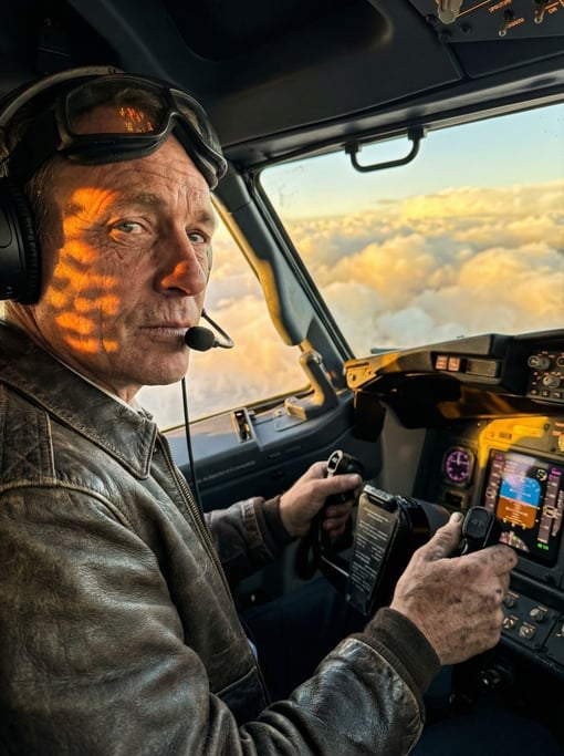 A pilot in the cockpit during golden hour, instrument panel glow on face (eqd8vvev)