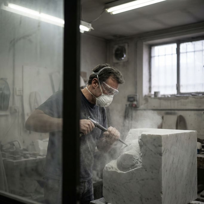A sculptor chiseling marble, dust cloud around the chisel point, protective goggles, focused jaw (cjod4)