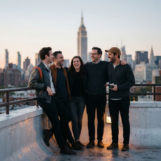 A group of friends on a rooftop at dusk, silhouetted against the skyline, laughing (fe92b1xi)