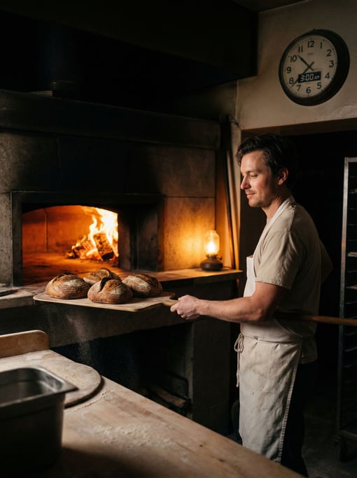 A night-shift baker pulling bread from a stone oven, face lit by the oven glow, 3 AM silence (xfn0sd)