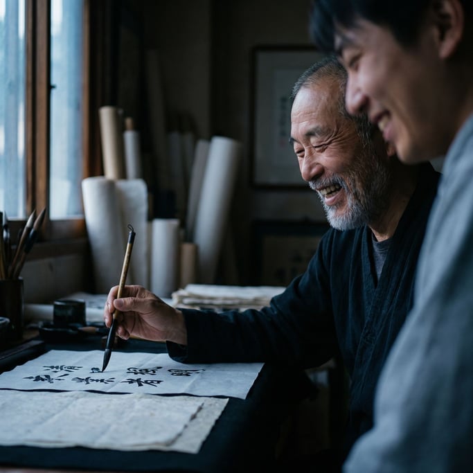 A calligrapher writing with a brush on rice paper, ink still wet, hand steady, deep focus (aozs9t)