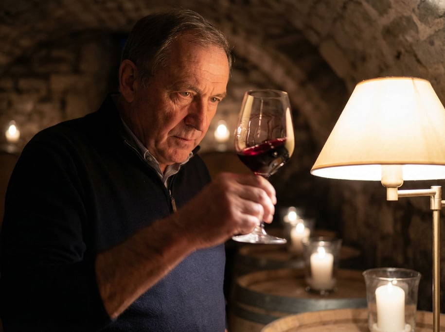 A sommelier swirling wine in a glass, eyes focused on the legs running down the bowl (rlst0gho)