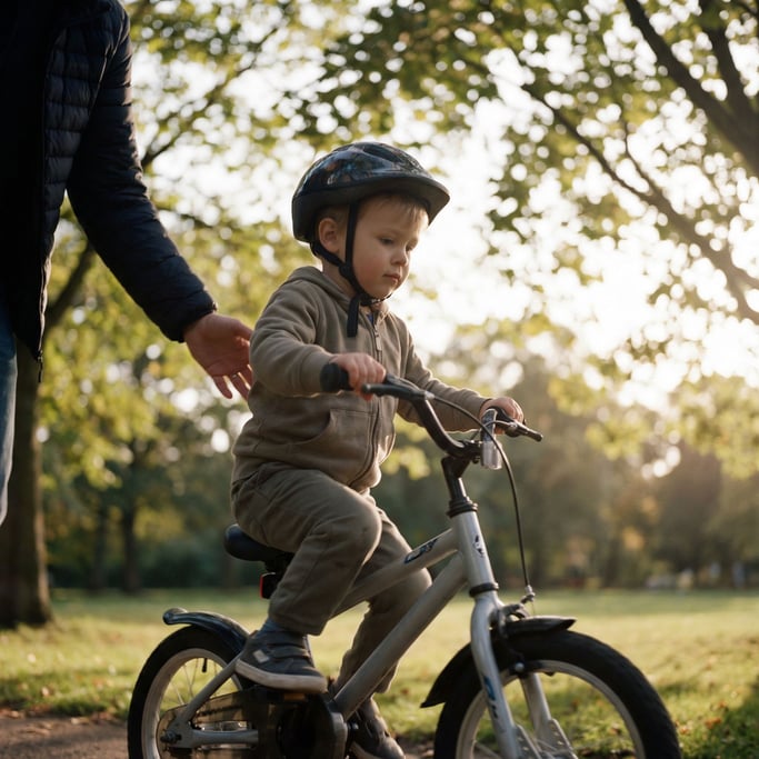 A child learning to ride a bike, parent's hand just letting go, park setting (mav)