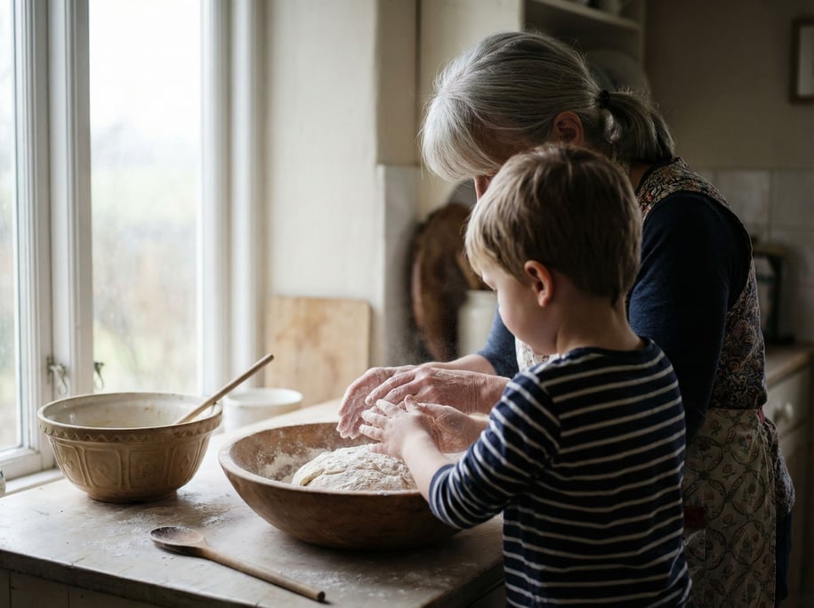 A grandmother teaching a child to knead bread dough, flour-dusted hands side by side, kitchen light (lim3mhl)