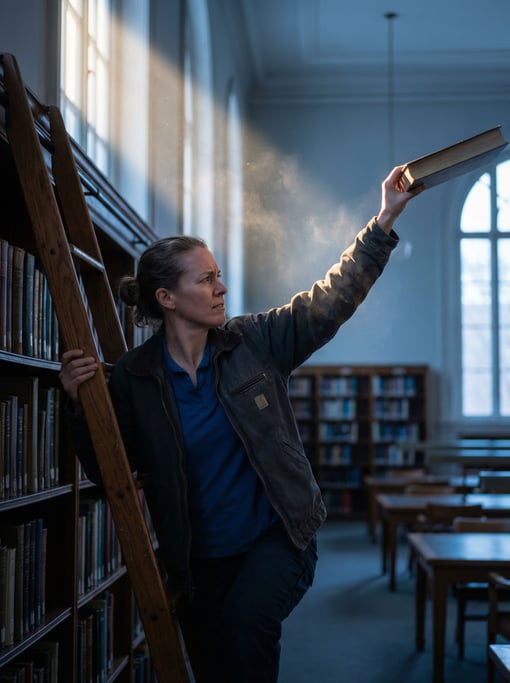 A librarian shelving books on a rolling ladder, reaching high (luysjctw)