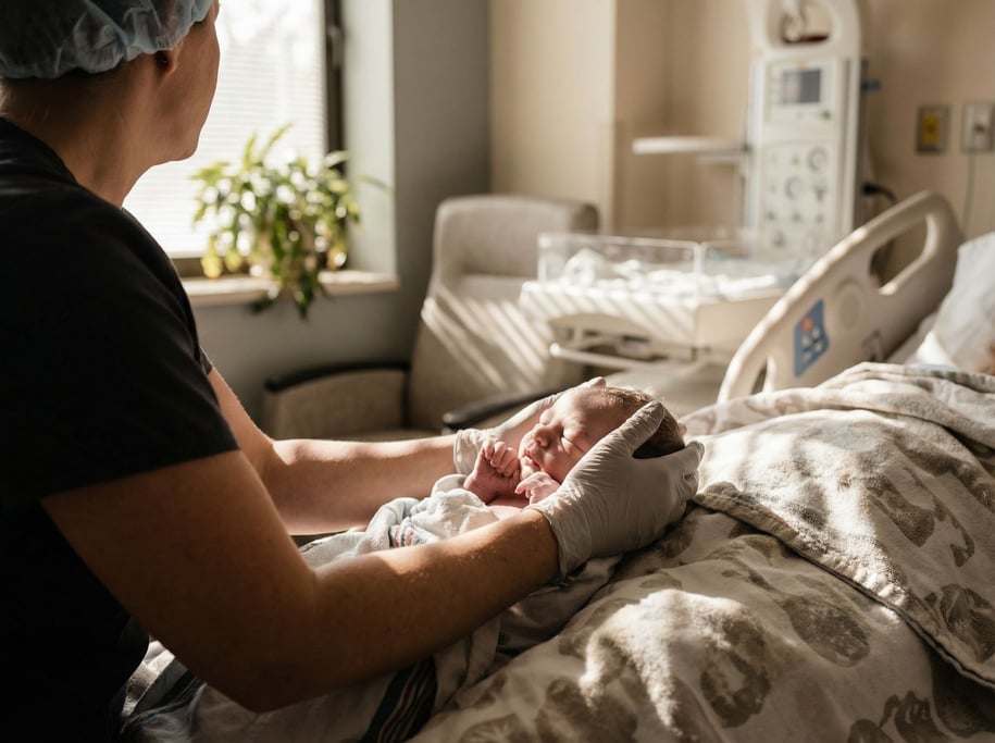 A midwife's calm hands guiding a newborn, intimate hospital room, soft overhead light (vbizchct)
